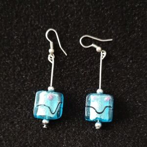 Lovely Elegant Blue Dangle Earrings Fused Glass Blue Pink With Black Silver-tone